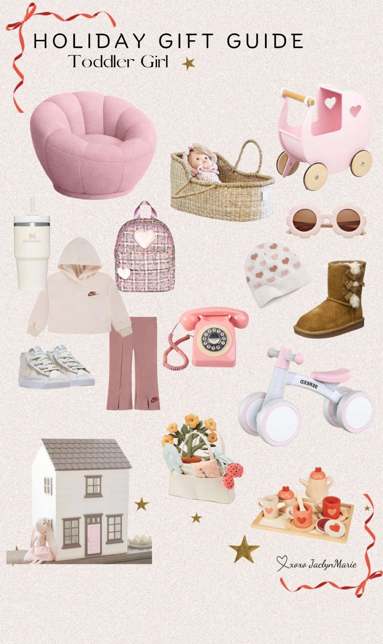 Toddler girl gift ideas ; toddler gift ideas ; wooden play gifts ; wood baby stroller ; rattan doll bassinet ; toddler uggs ; toddler Nike ; pink puff chair for toddler ; toddler Stanley 

#LTKbaby #LTKkids #LTKGiftGuide