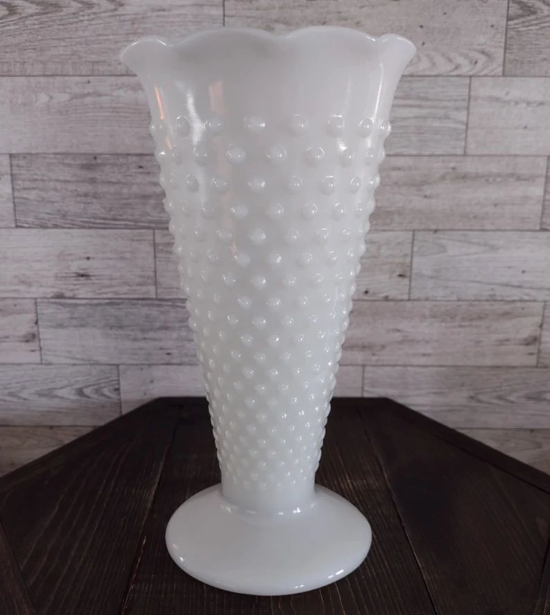 Vintage Large Hobnail Milk Glass Vase With Ruffled Rim Trumpet Style Dash Design/Vintage Farmhous... | Etsy (US)