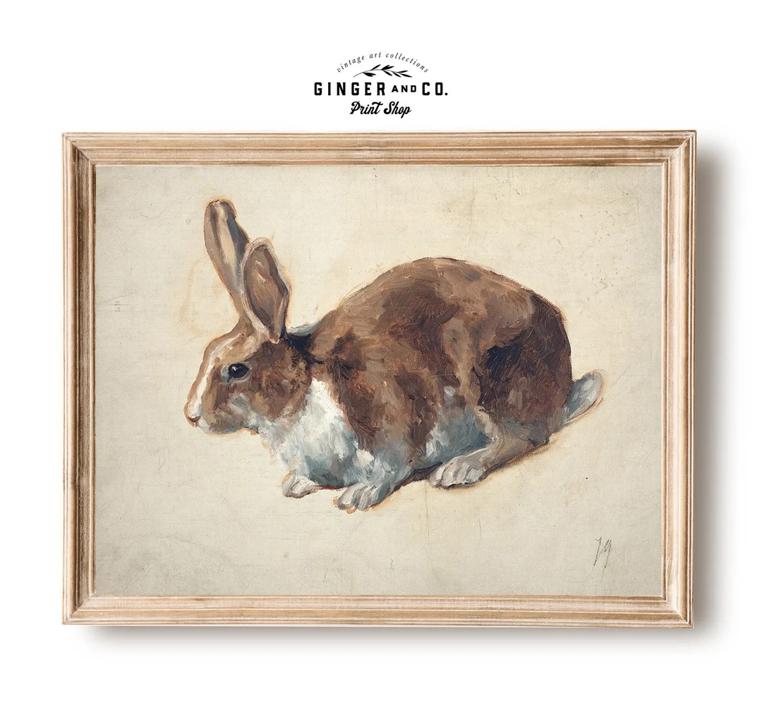 Vintage Brown and White Rabbit Painting - Fine Art Drawing Print, Easter Wall Art, Gicée Canvas ... | Etsy (US)