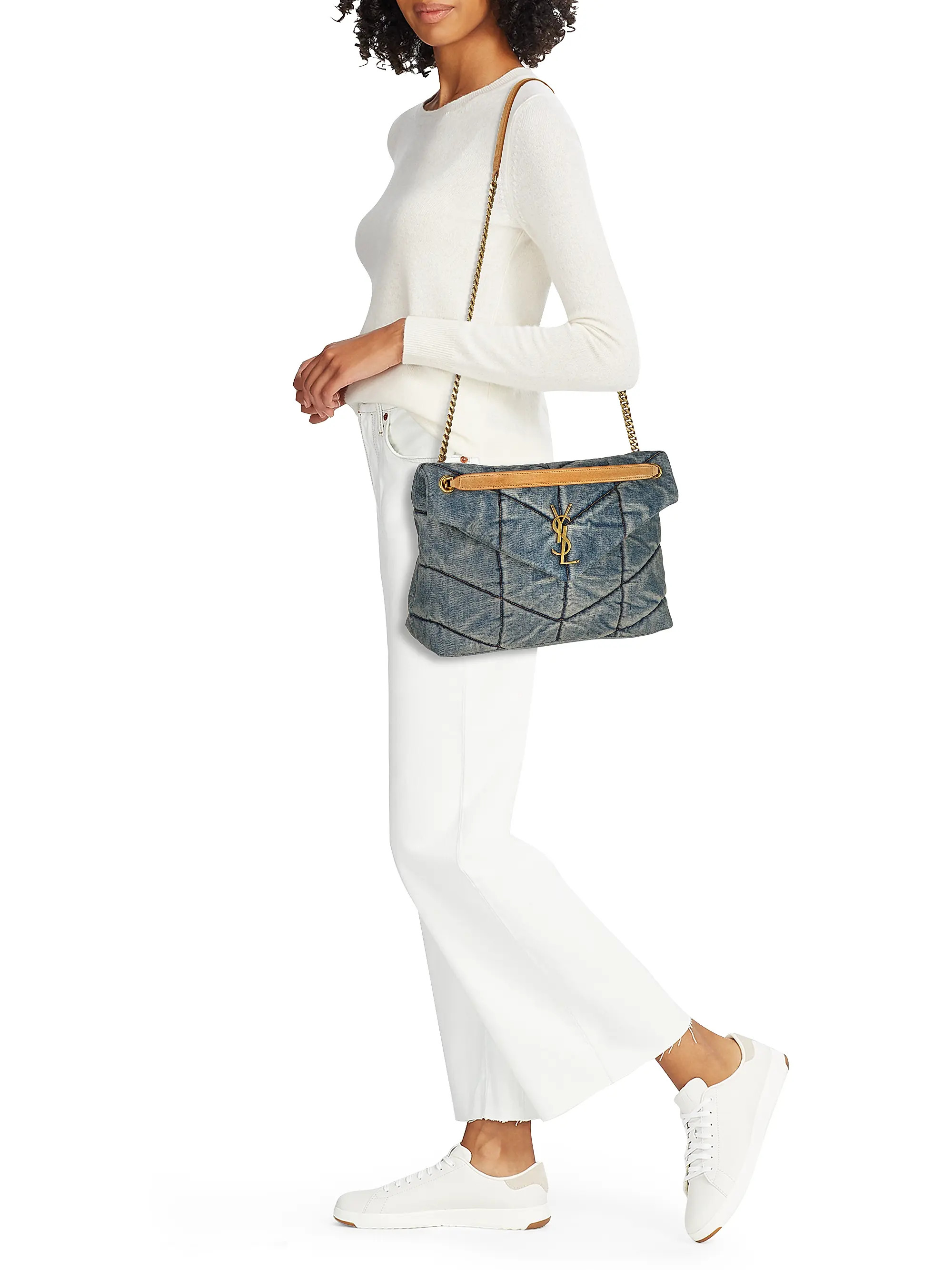 Shop Saint Laurent Puffer Medium Shoulder Bag in Suede and Denim | Saks Fifth Avenue | Saks Fifth Avenue