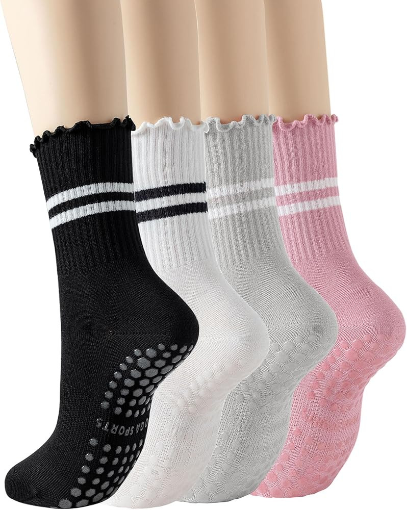 Yawlsow Pilates Socks for Women Cute Ruffle Yoga Socks Frilly Barre Non Skid Athletic Crew Grip S... | Amazon (US)