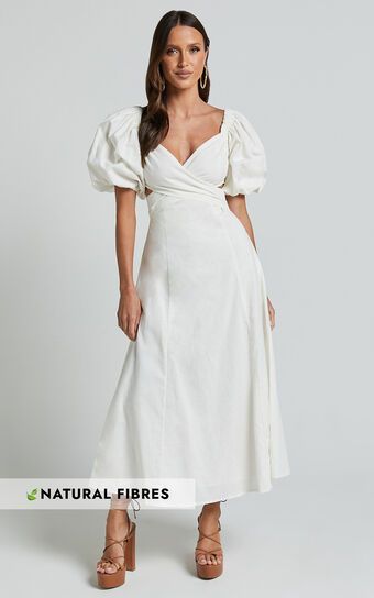 Amalie The Label - Janae Linen Blend Puff Sleeve Cut Out Midi Dress in White | Showpo (US, UK & Europe)