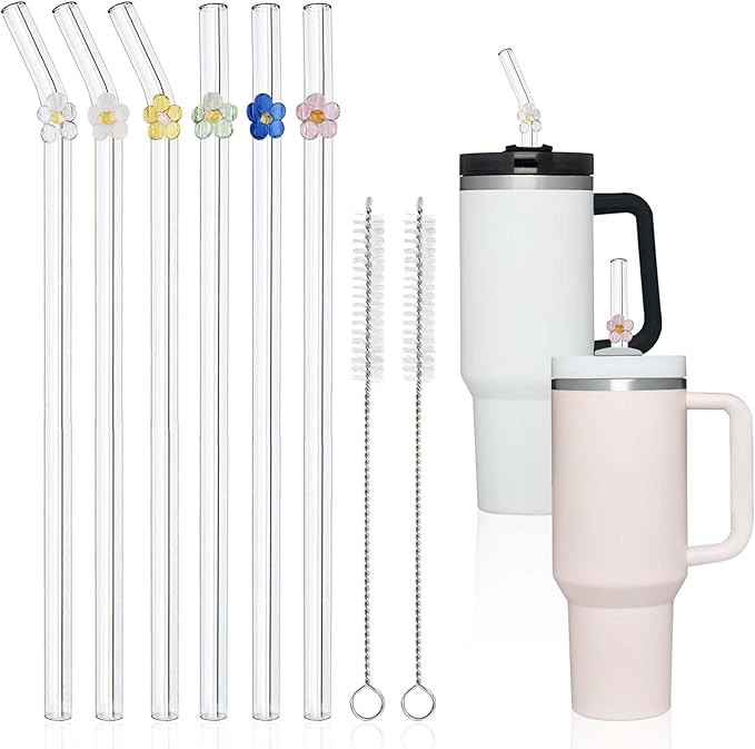 6 Pack Replacement Glass Straws for Stanley 40 oz 30 oz Tumbler, Cute Flower Glass Straws with Ch... | Amazon (US)