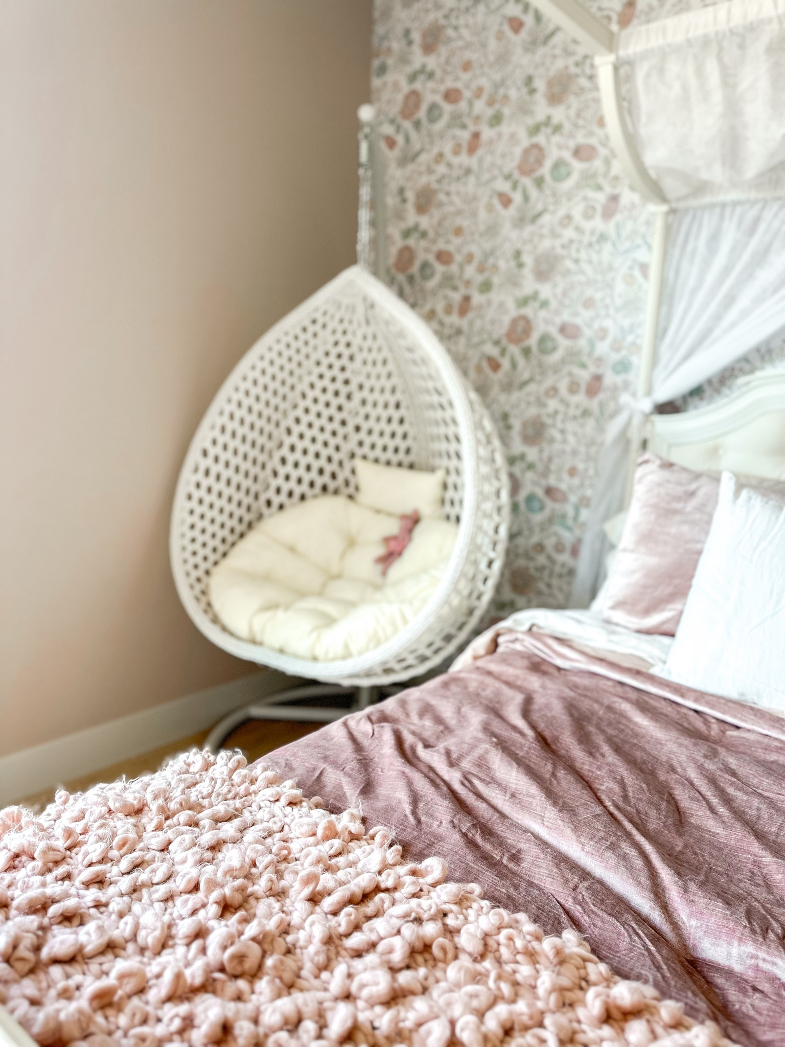 Found this egg chair at Wayfair and we are very impressed with the quality and only took us 20 minutes to install. It’s a great alternative to a swing hanging from the ceiling. It’s sturdy yet cozy. We ordered the white color.