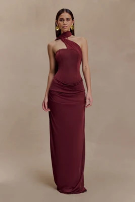 Mattea Slinky And Mesh Maxi Dress With Scarf - Burgundy I MESHKI I Size 3XL | MESHKI US
