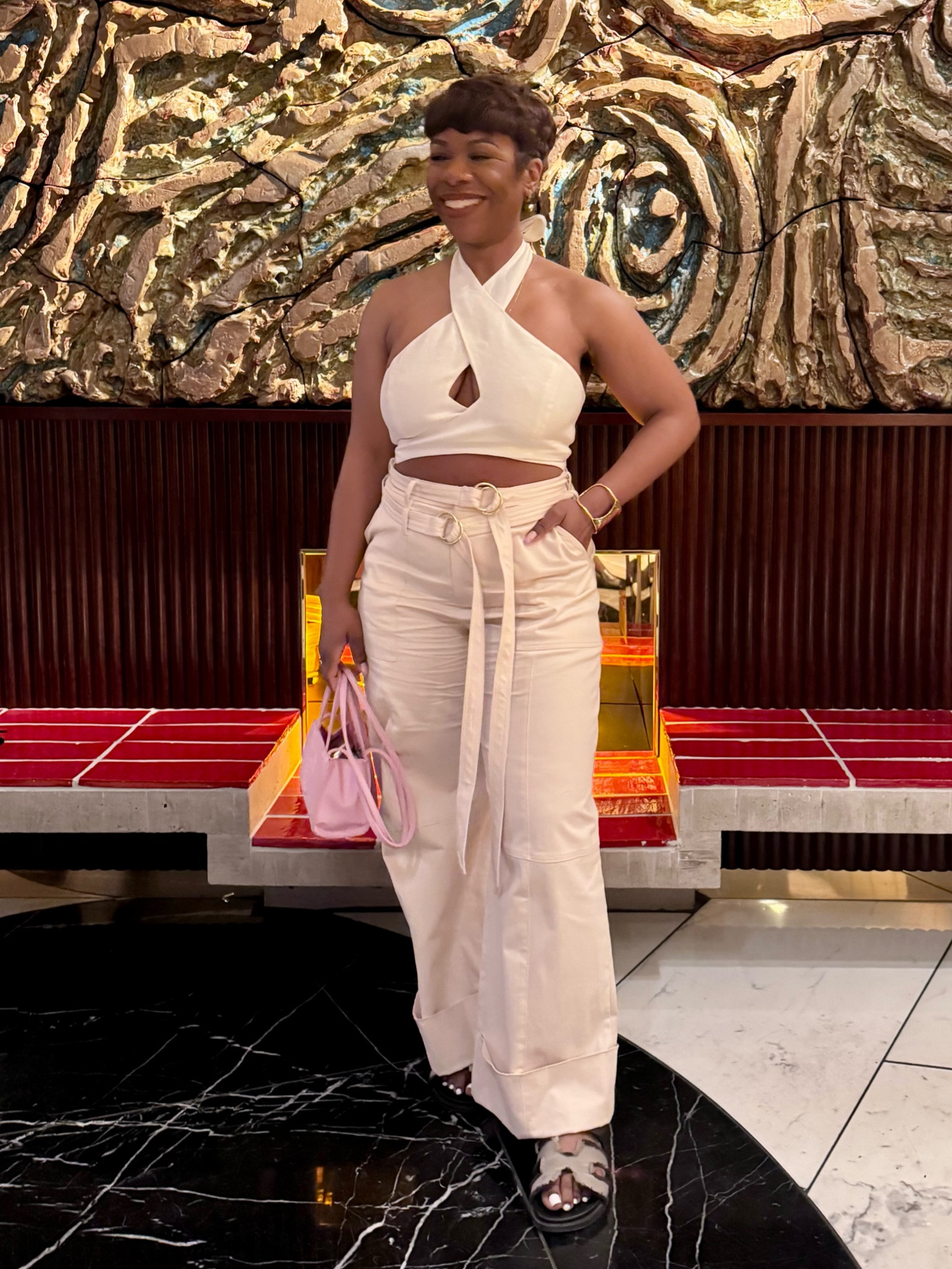 The new job dress code vibes are pretty casual. I bought these khaki pants with double belt detailing because I figure I can wear khakis like everyone else, but make them more interesting, so they work for a weekend brunch look as well! 