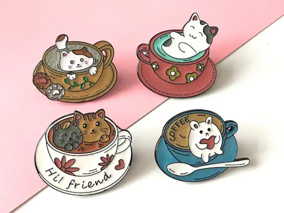 Cat Coffee Cup Hi Friend Animal Enamel Pin Pins Lovely Cute | Etsy | Etsy (US)