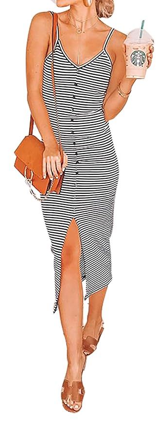 BTFBM Women Fashion Spaghetti Strap V Neck Striped Sleeveless Split Slim Midi Dress with Buttons | Amazon (US)