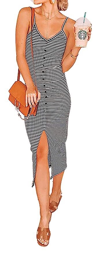 BTFBM Women Fashion Spaghetti Strap V Neck Striped Sleeveless Split Slim Midi Dress with Buttons | Amazon (US)