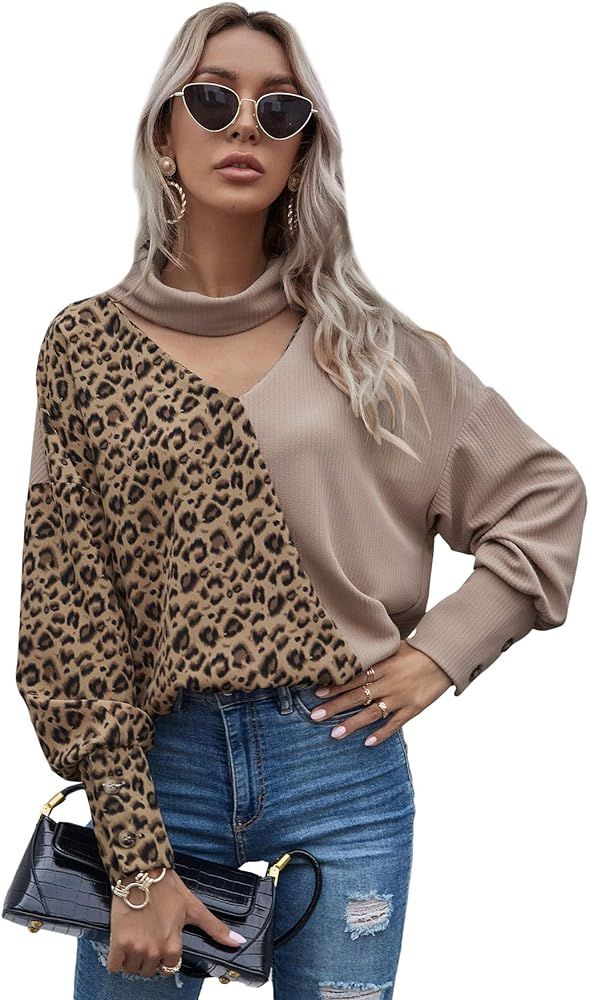 MakeMeChic Women's Leopard Colorblock Cut Out Neck Drop Shoulder Pullover Sweatshirts | Amazon (US)