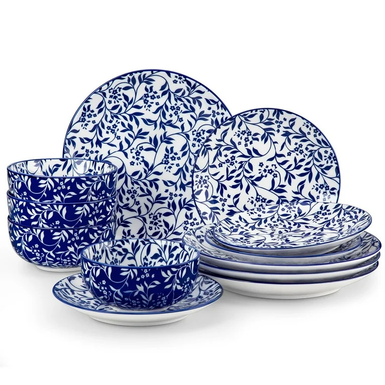 MALACASA 12 Pieces Dinnerware Sets, Porcelain Plates and Bowls Set for 4, Blue and White Porcelai... | Walmart (US)