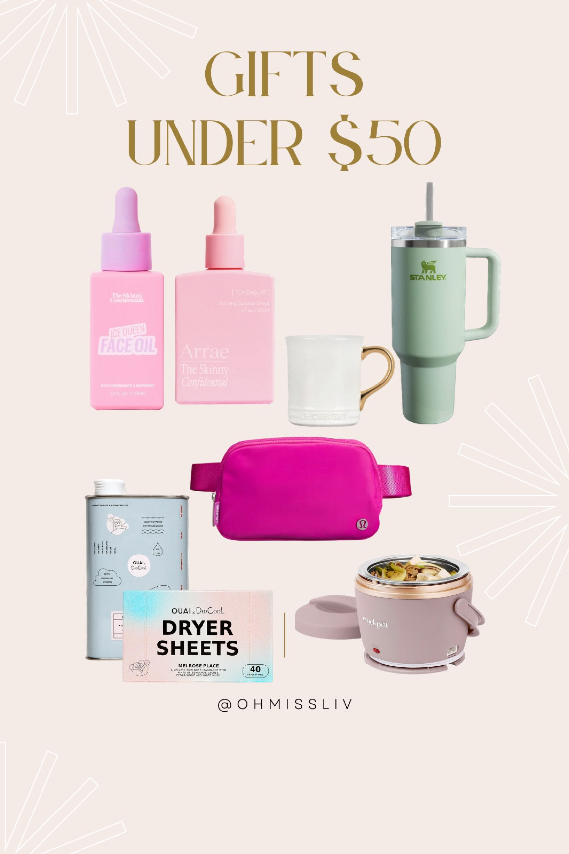 Gifts for Her Under $50 Gifts for Girlfriends Personalized Gift Ideas for Women Inexpensive Coworkers Gifts Unique Stocking Stuffers Gift Guide for Mom, Sisters, Grandma, Aunts, SIL, MIL, & girls!

The Skinny Confidential Face Oil Arrae X TSC Le Creuset Mug Stanley 40 oz. Tumbler Lululemon Belt Bag Fanny Pack Ouai Detergent Melrose Place Crockpot Lunch Warmer

#LTKGiftGuide #LTKfindsunder50 #LTKHoliday