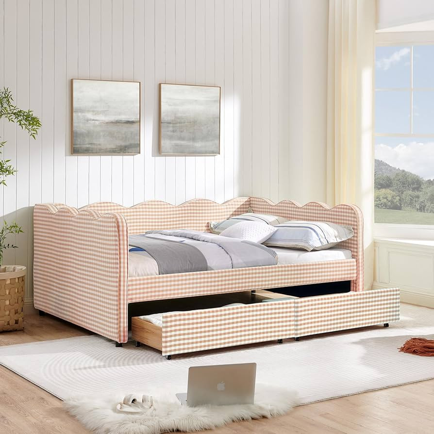 DEINPPA Full Size Upholstered Daybed with 2 Storage Drawers, Gingham Daybed with USB Ports for Be... | Amazon (US)
