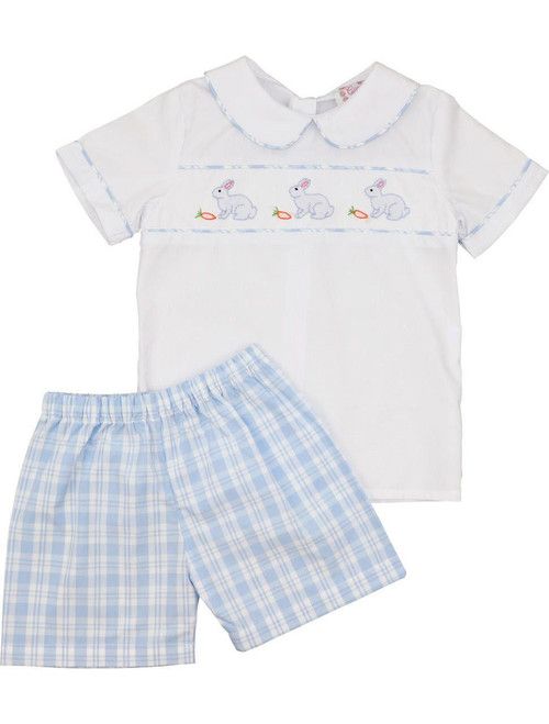 Blue Plaid Shadow Embroidered Bunny Short Set | Cecil and Lou