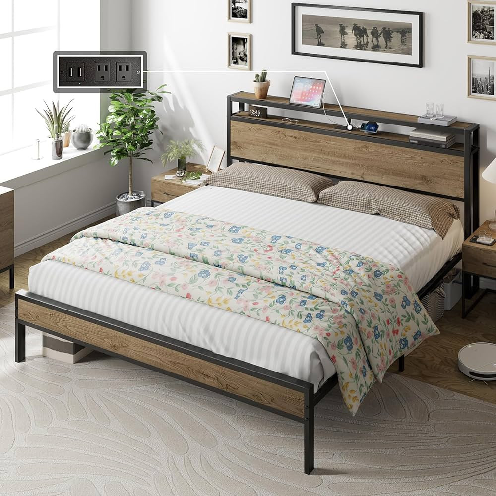 AMERLIFE King Size Bed Frame, Industrial Platform Bed with 2-Tier Storage Headboard, Charging Station Included/No Box Spring Needed/Noise-Free/Rustic Brown | Amazon (US)
