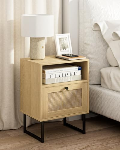 Masupu Rattan Nightstand,Modern Boho Farmhouse Wood Bedside Table with Storage Drawer and Open Shelf,Small Black Frame Side End Table for Bedroom,Living Room,Office (Natural) | Amazon (US)