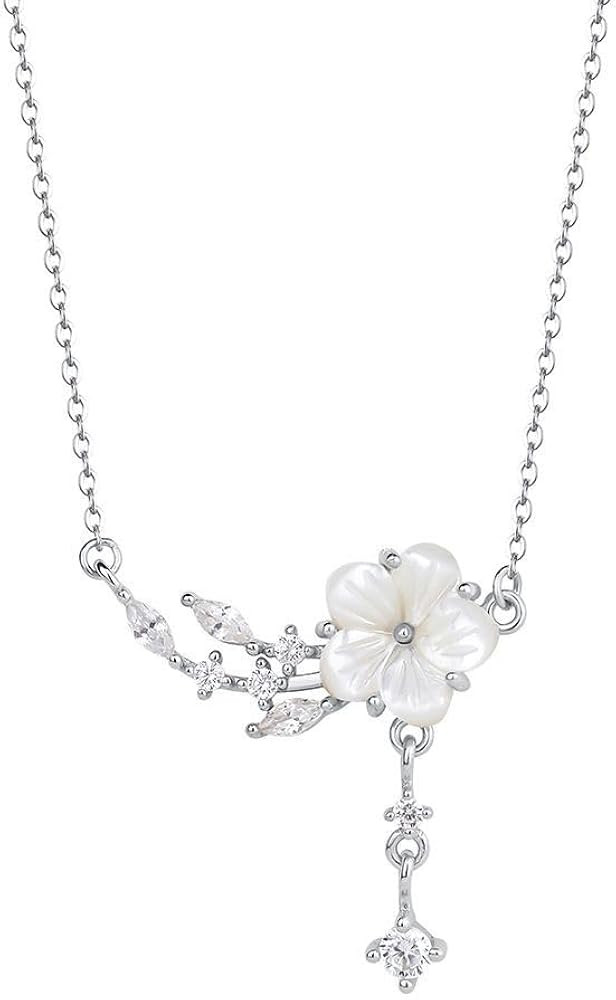 Natural Mother of Pearl Flower Necklace,Cz leaves Necklace,Daisy Flower Choker，Dainty Stacking ... | Amazon (US)