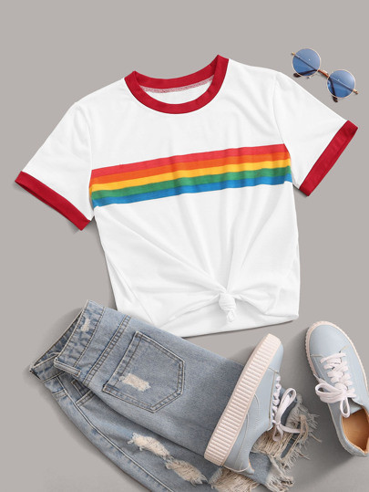 Rainbow Stripe Ringer Tee | SHEIN