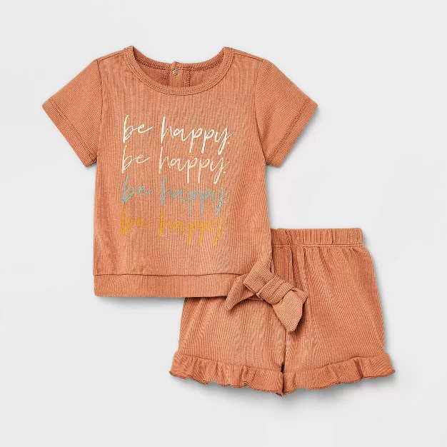 Grayson Mini Baby Girls' 2pc 'Be Happy' Top & Shorts Set - Tan | Target