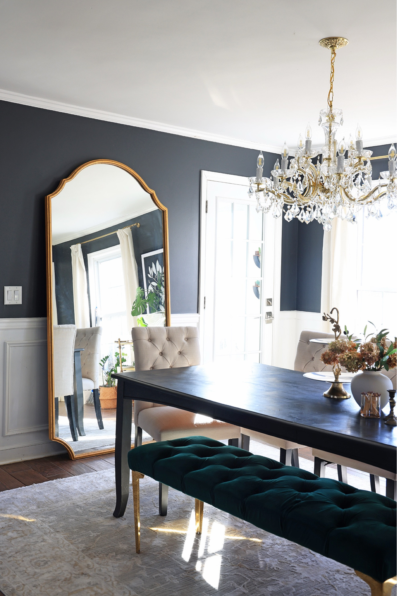 Dining room styling | Large gold mirror | Chandelier | Dining room chairs & table

#LTKHome