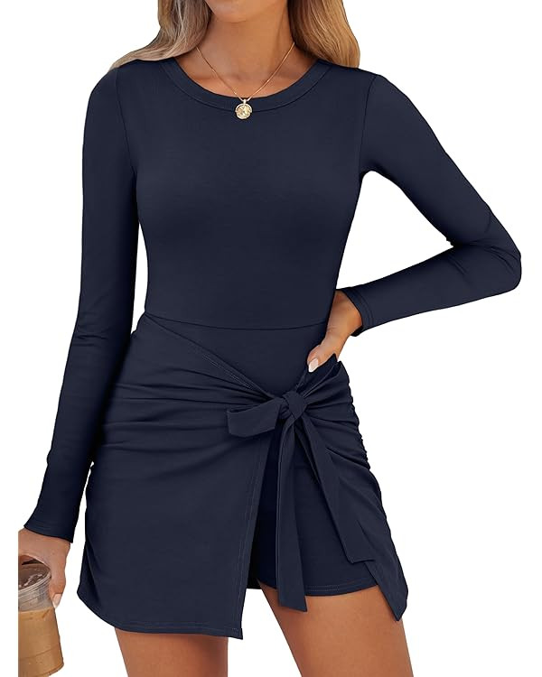 Caracilia Women Long Sleeve Tennis Dress 2025 Fall Bodycon Tie Waist Romper Skorts Athletic Mini ... | Amazon (US)