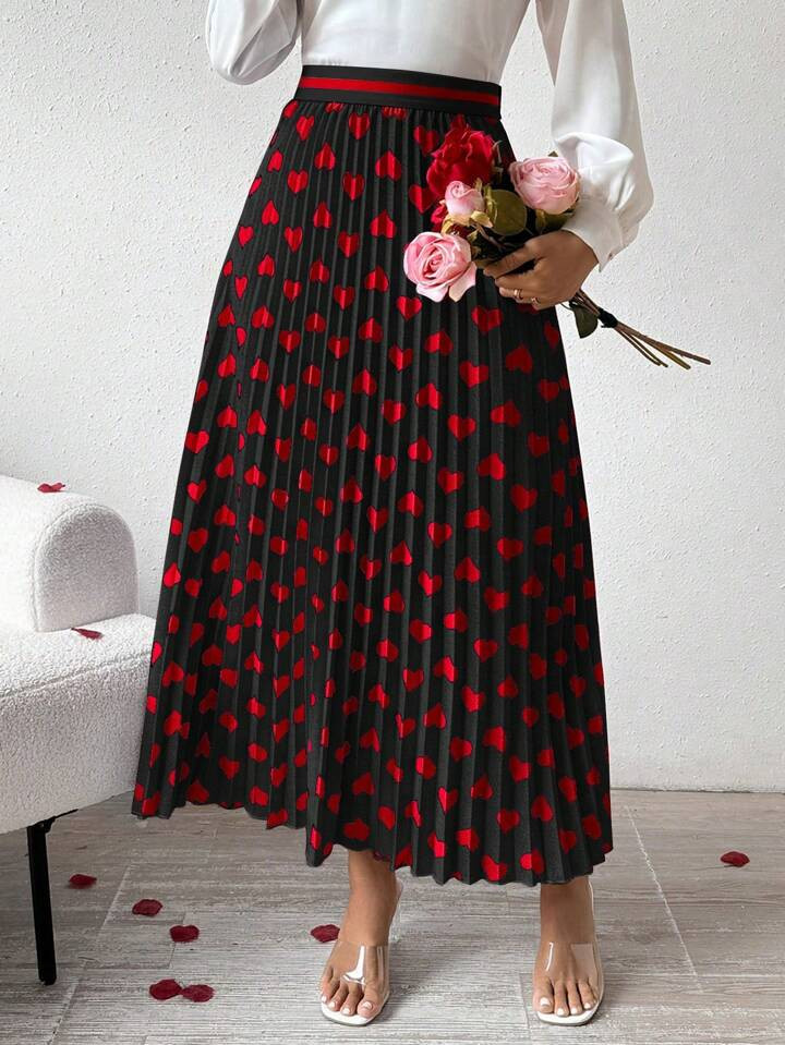 SHEIN Privé Heart Print Pleated Skirt | SHEIN