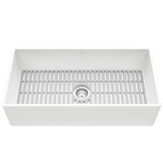 VIGO Matte Stone White Composite 36 in. Single Bowl Flat Farmhouse Apron-Front Kitchen Sink with ... | The Home Depot