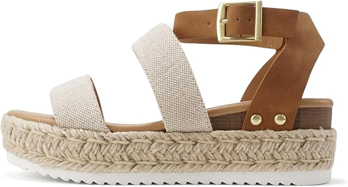 Soda Top Shoe Bryce Open Toe Buckle Ankle Strap Espadrilles Flatform Wedge Casual Sanda | Amazon (US)