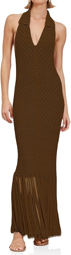 Saodimallsu Womens Halter Crochet Cover Up Fringe Sexy Backless Sleeveless V Neck Collared Vacati... | Amazon (US)