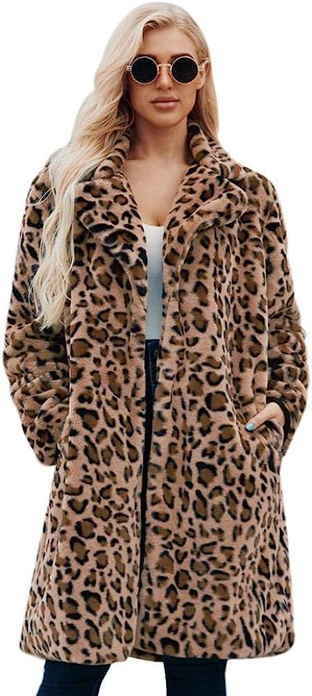 Womens Fashion Leopard Fur Coat Warm Long Sleeve Parka Faux Fur Coat Overcoat Fluffy Top Jacket F... | Amazon (US)