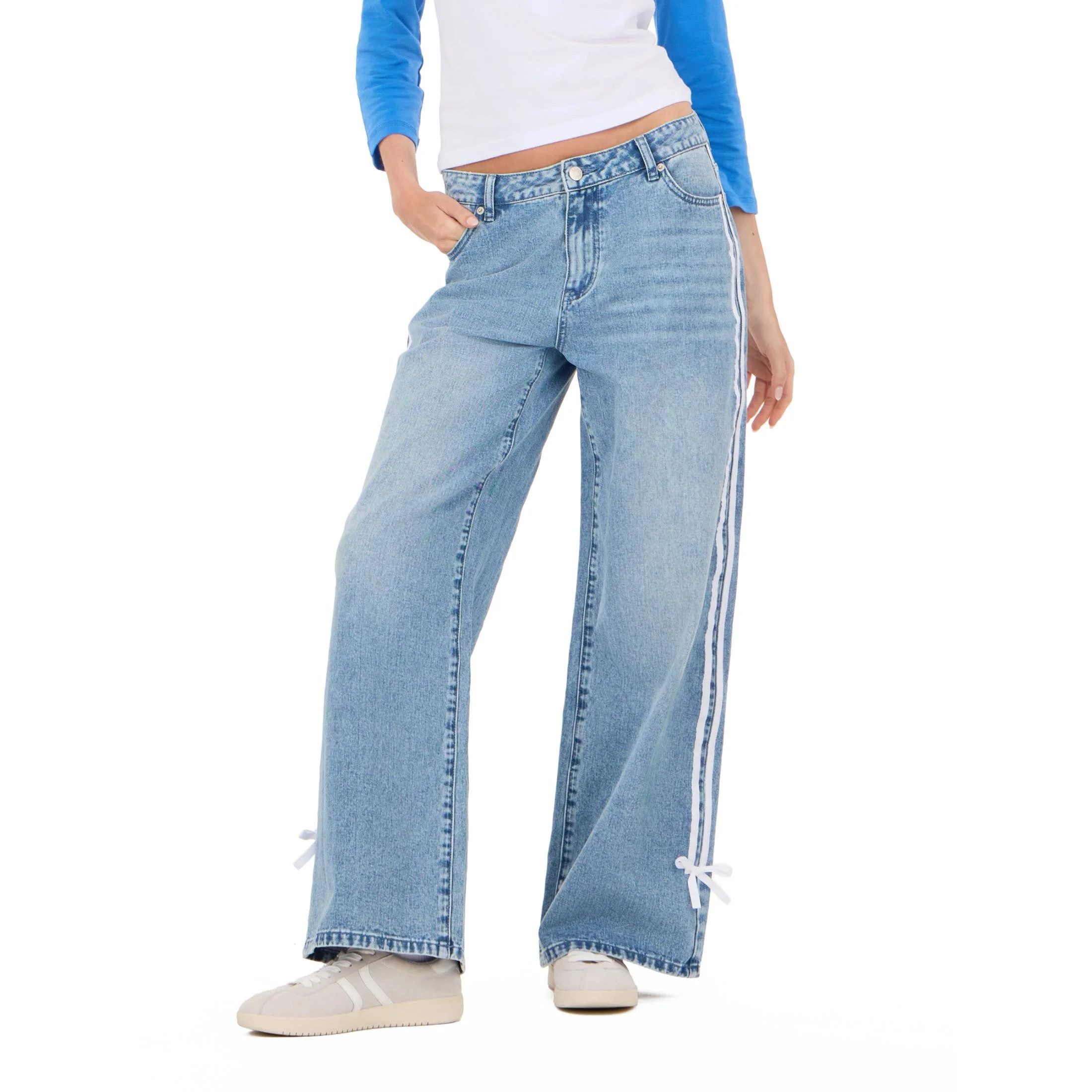 Forever 21 Light Wash Low Rise Baggy Fit With Side Stripes And Bow Accents 5-Pocket Body Soft Pants for Female Adult 85/15 cotton poly Machine Wash Cold Size 4 | Walmart (US)