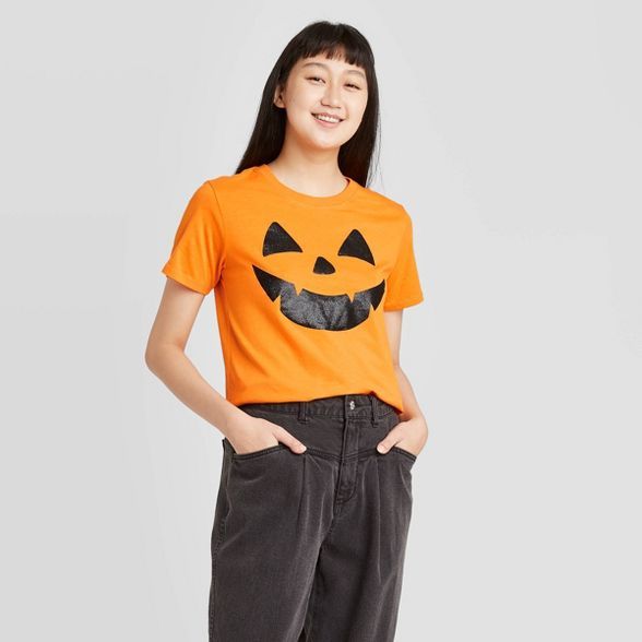 Women's Jack O'Lantern Glitter Face Halloween Short Sleeve Graphic T-Shirt - Orange | Target