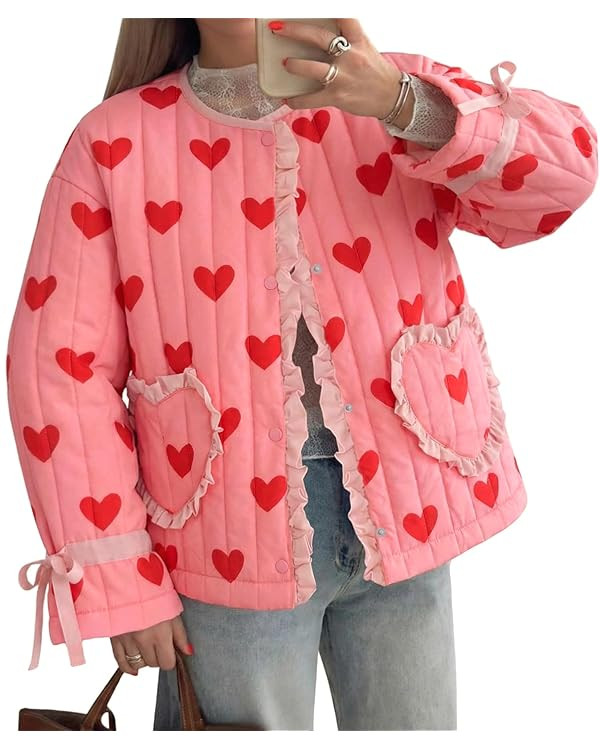 Tankaneo Womens Cropped Puffer Jacket Floral Print Open Front Quilted Jacket Bow Tie Heart Coat L... | Amazon (US)