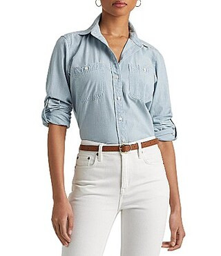 Lauren Ralph Lauren Chambray Cotton Point Collar Long Roll-Tab Sleeve Patch Pocket Button Down Shirt - S | Dillard's