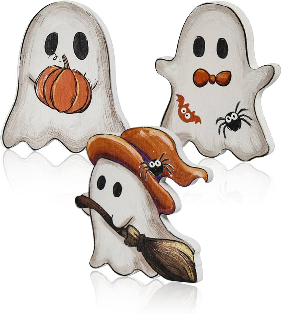 Smile 3 Pcs Wooden Blocks Signs, Happy Halloween Ghost Tiered Tray Decorations, Indoor Decor for ... | Amazon (US)