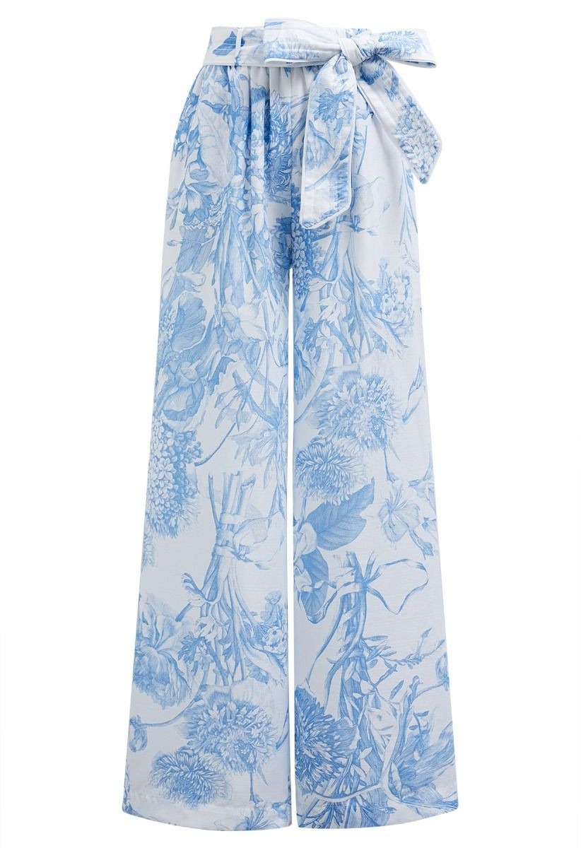 Blue Bouquet Printed Wide-Leg Pants | Chicwish