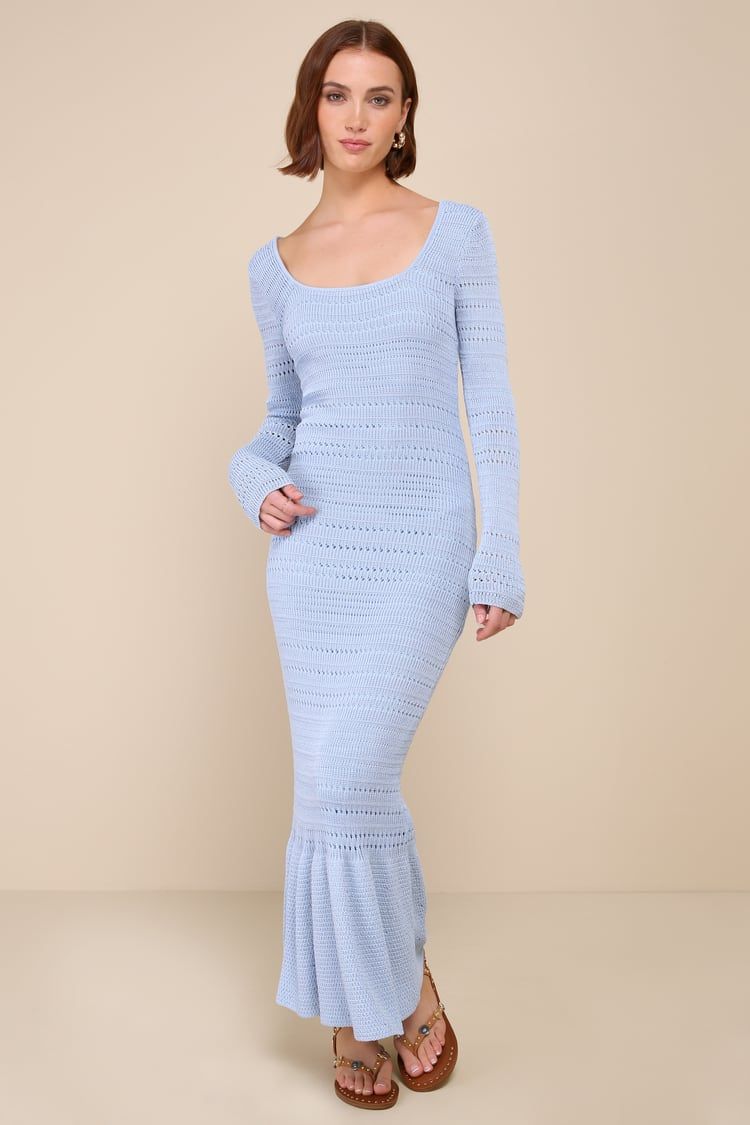 Sunset Moments Light Blue Crochet Long Sleeve Trumpet Midi Dress | Lulus
