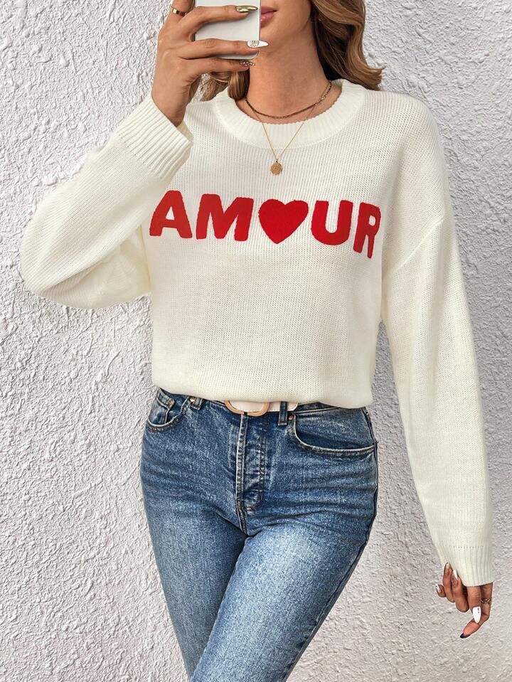SHEIN Frenchy Valentine Sweater With Love Embroidery, French Letter, Loose Fit | SHEIN