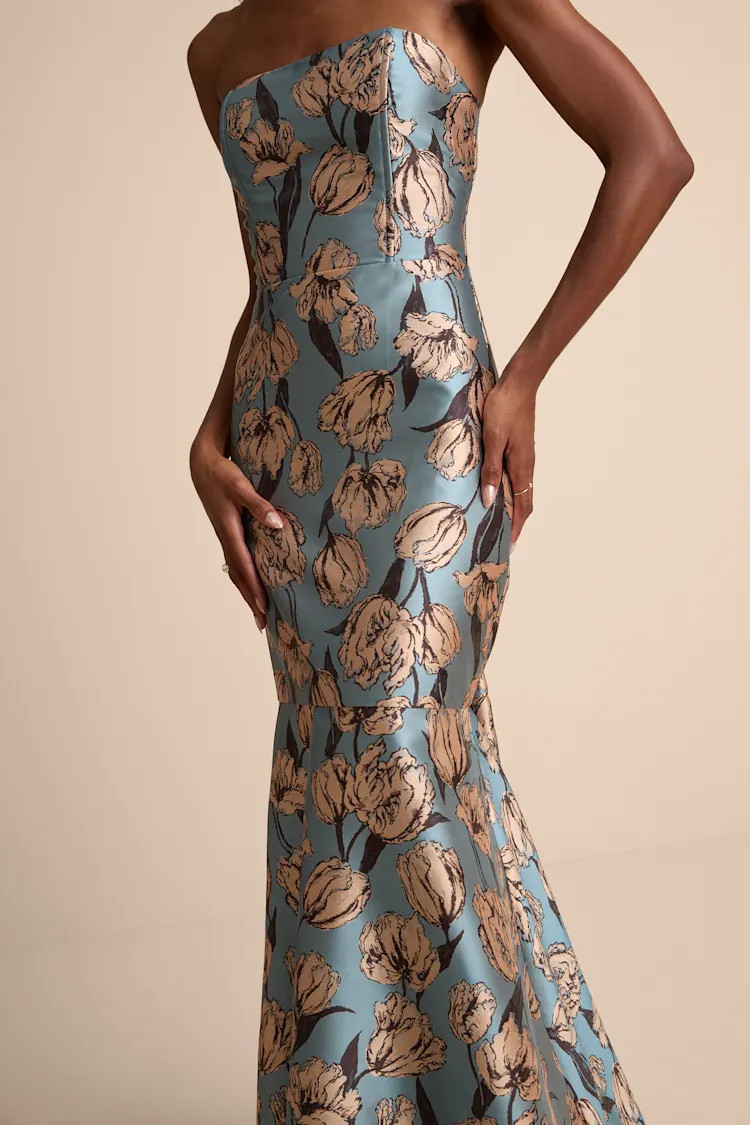 Gowning Around Slate Blue Floral Jacquard Strapless Maxi Dress | Lulus