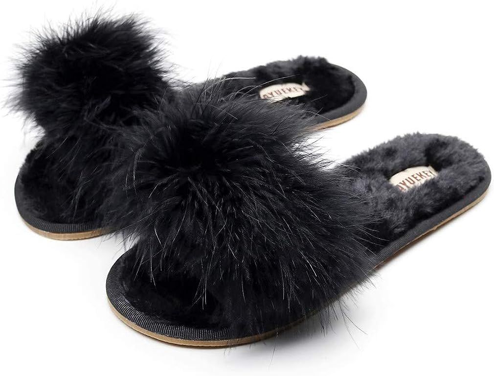 FAYUEKEY Fur Slippers for Women Summer Autumn Fluffy Furry Soft Plush Open Toe Slides Flats Shoes | Amazon (US)