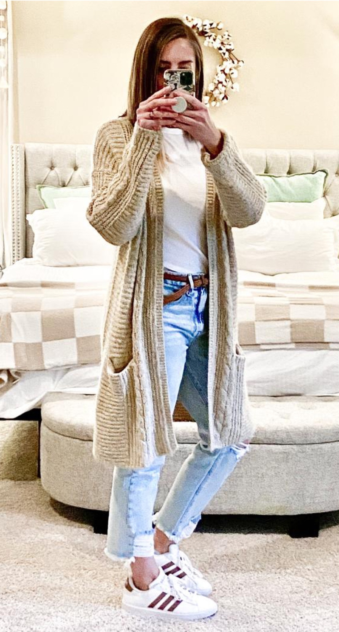 Just a cozy cute outfit at home! This cute duster cardigan is super cozy and it’s perfect for styling up some of my favorite basics to wear! White tshirt | ankle jeans | distressed jeans | tall girl fashion | tall women fashion | work from home fashion | comfy cozy home outfit | adidas grand court sneakers | lululemon love tshirt | Amazon finds | Amazon fashion

#LTKfindsunder100 #LTKSeasonal #LTKstyletip