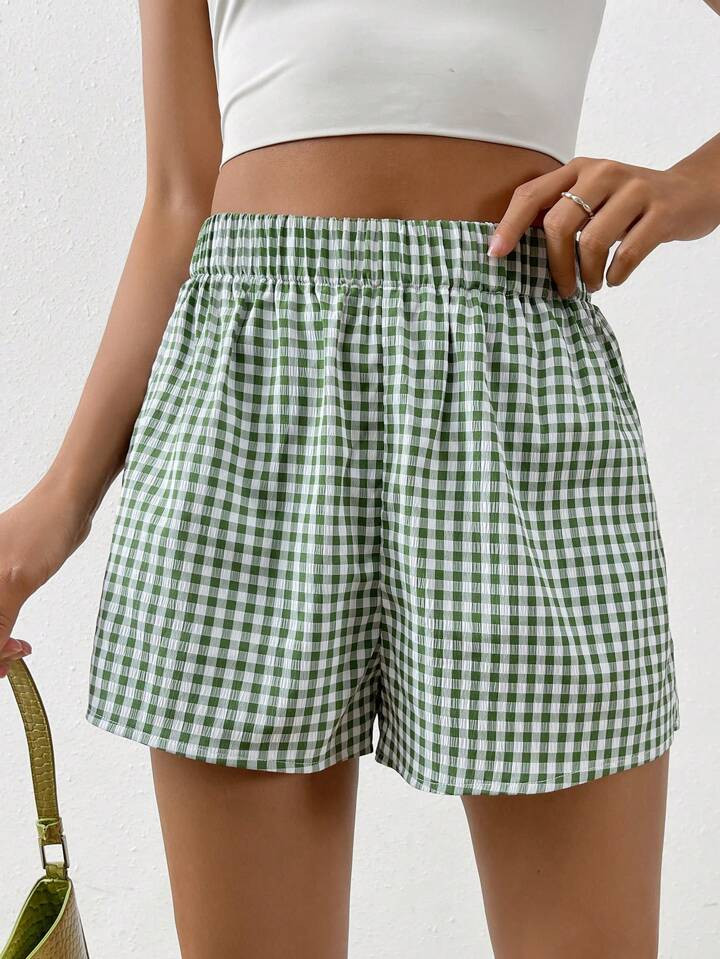 SHEIN EZwear Gingham Print Elastic Waist Shorts | SHEIN