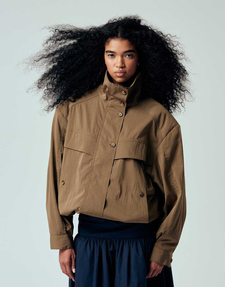 ASOS DESIGN iconic funnel neck sports jacket in mocha-Brown | ASOS (Global)