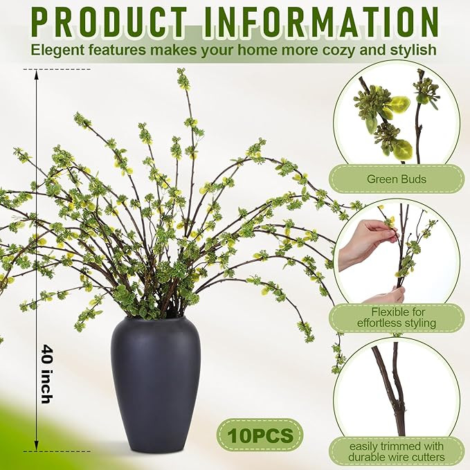 Zeyune 10 Pcs Artificial Branches with Green Buds 40" Evergreen Faux Plastic Plant Stem Picks Spr... | Amazon (US)