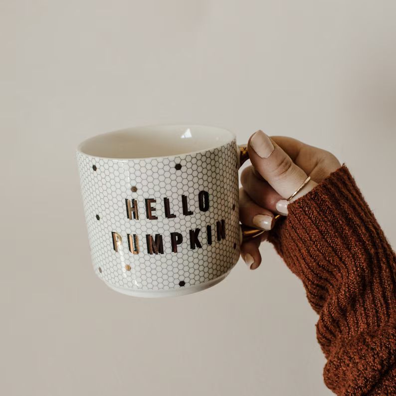 Hello Pumpkin Tile Coffee Mug | Fall Coffee Mug | Pumpkin Spice Latte Mug | Gold Coffee Mug | Bir... | Etsy (US)