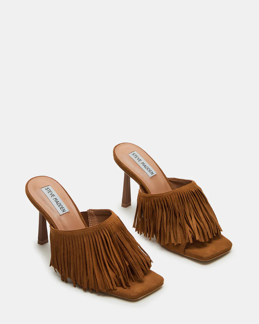 MORINA Cognac Suede Square-Toe Stiletto Mule Fringe Heel | Women's Heels | Steve Madden (US)