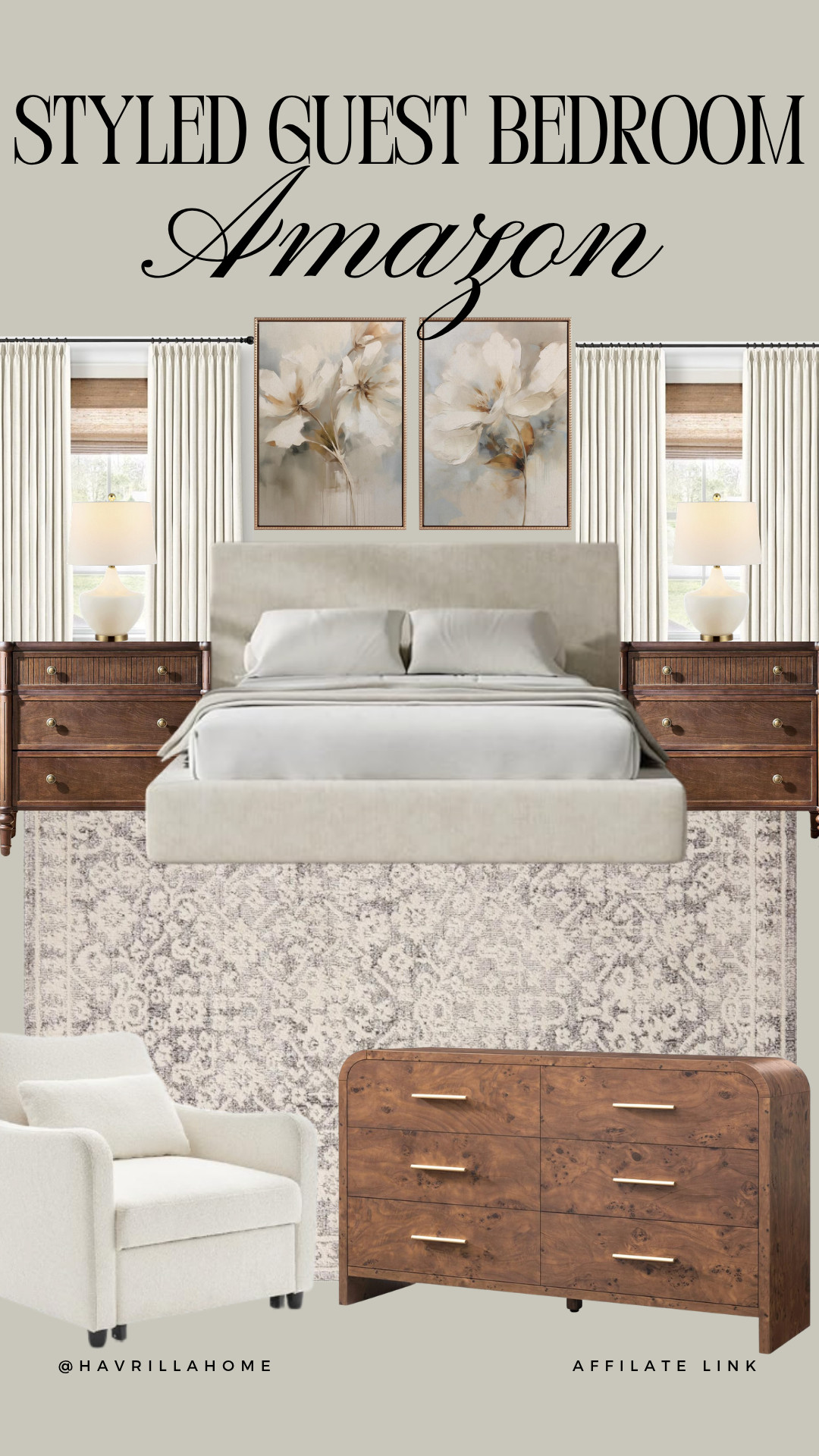 Styled Guest Bedroom, guest bedroom ideas, guest bedroom decor, bedroom styling, bedroom inspiration, upholstered bed, neutral bed frame, floral wall art, wood nightstands, bedroom lamps, area rug, accent chair, wood dresser, luxury bedroom decor, neutral bedroom, cozy bedroom ideas, guest room makeover, traditional bedroom decor, transitional bedroom style, designer inspired bedroom, home styling, Amazon bedroom finds, elegant bedroom decor, bedroom furniture

#LTKHome