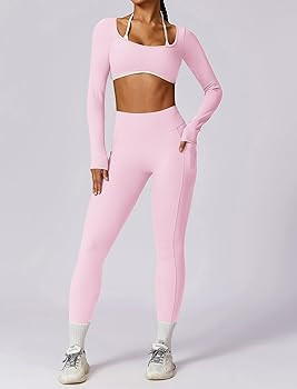 ABOCIW Workout Sets for Women Long Sleeve Crop Top Scrunch Butt Lifting High Waist Leggings with ... | Amazon (US)