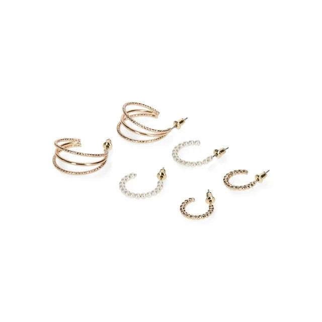 Time and Tru Women's Trio Hoop Earring Set, 3 Pair, Two Pairs of Gold Textured Hoops. 1 Pair Pear... | Walmart (US)