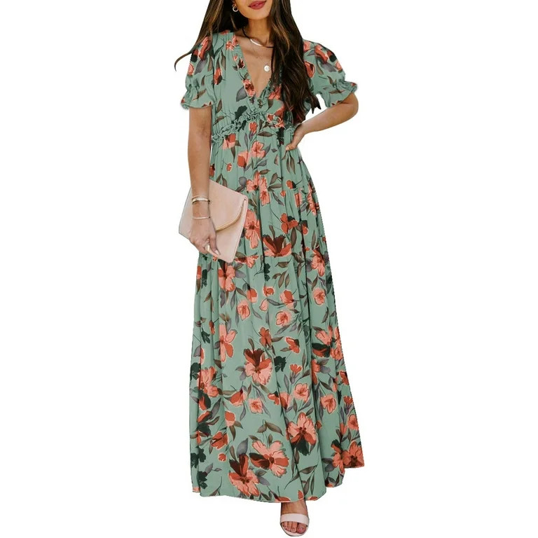 Dokotoo Women's Floral Print Maxi Dress Summer Long Flowy Chiffon Dress Casual Short Sleeves Part... | Walmart (US)
